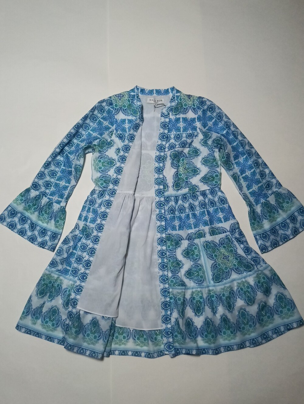 Hale Bob Leela Voile Mini Dress Blue Teal Paisley Tiered Flounce Sleeve Size S - Picture 7 of 14